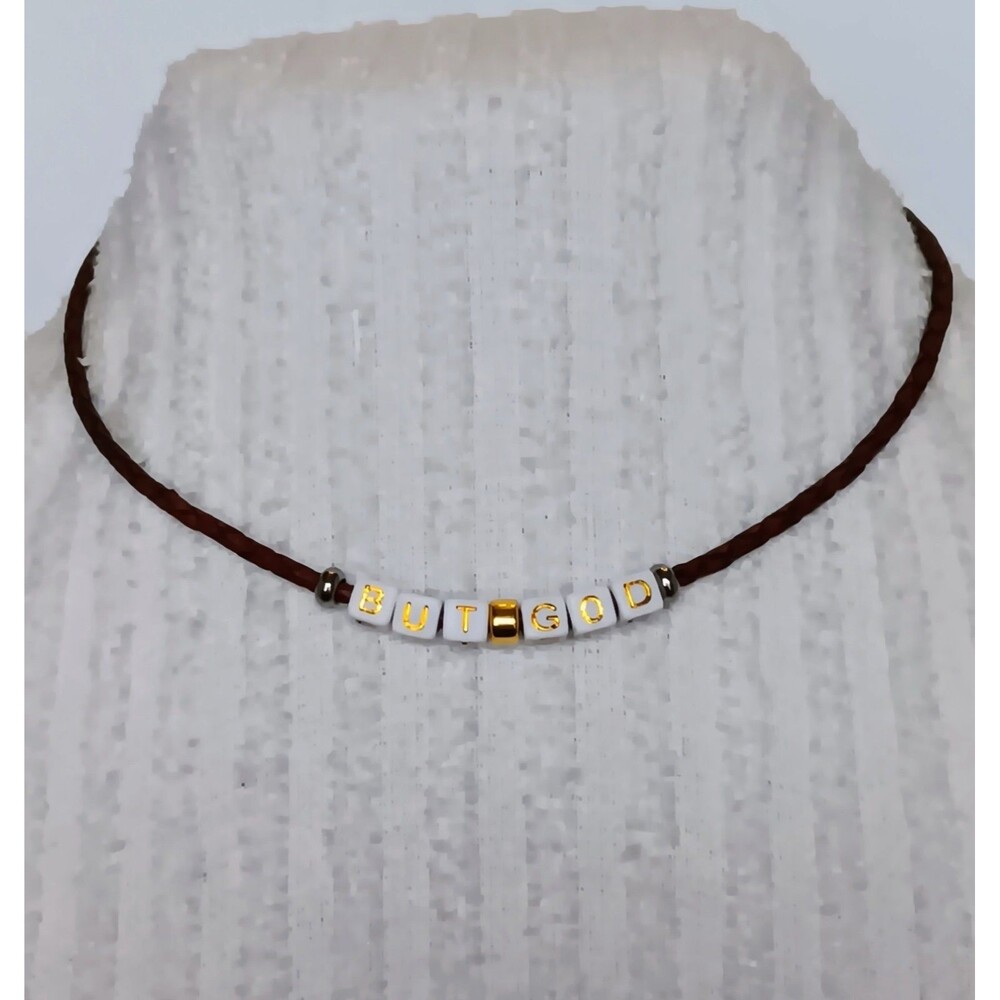 Brown Leather "BUT GOD" Beaded Mantra Necklace 16 in